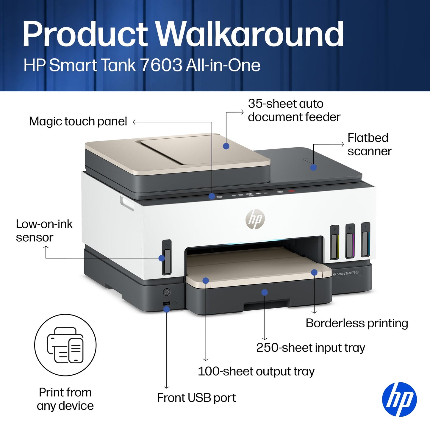 HP Smart Tank 7603 Wireless All-in-One Ink Tank Printer, Scanner, Fax, Copier with up to 3 Years of Ink Included, Best-for-Home Office, Cartridge-Free