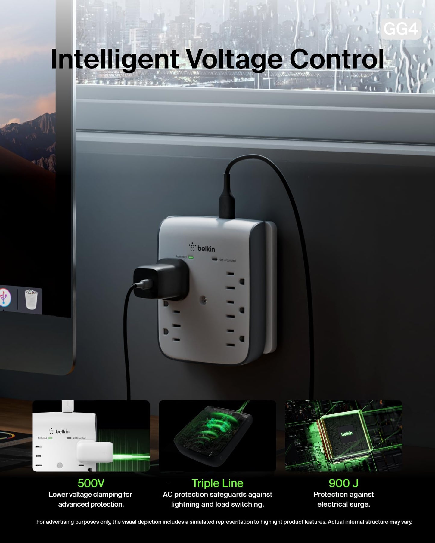 Belkin 6-Outlet Wall Surge Protector w/ 2 USB-A Ports, Wall-Mountable Surge Protector for Home, Office, Travel, Computer Desktop, Laptop, Phone