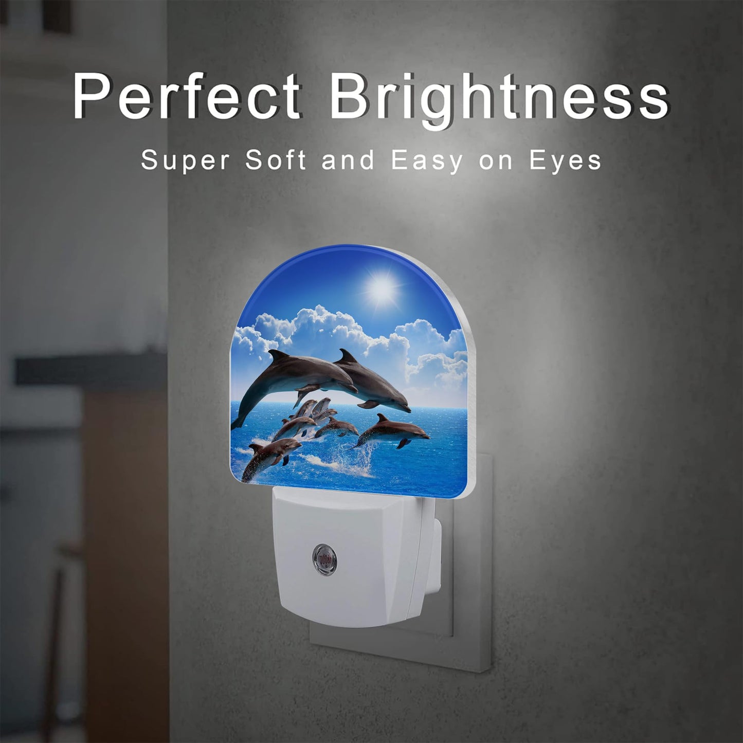 sndheke Jumping Dolphins Night Light Plug into Wall, Blue Sea and Bright Sky Dusk to Dawn Night Light Plug in,0.5w Energy Saving Sleep Friendly
