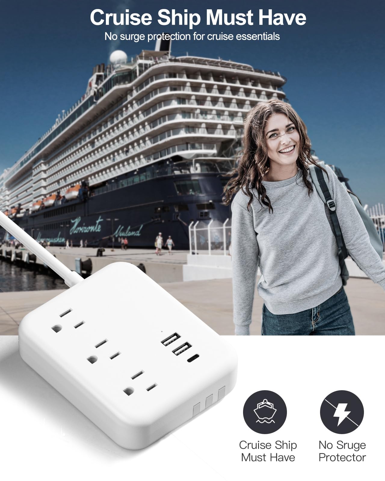 9-in-1 Travel Power Strip with 3 Built-in USB Cables (USB-C/Micro/iOS) | 3AC Outlets + 3 USB Ports | 5FT Flat Plug, Cruise-Approved & FCC Certified