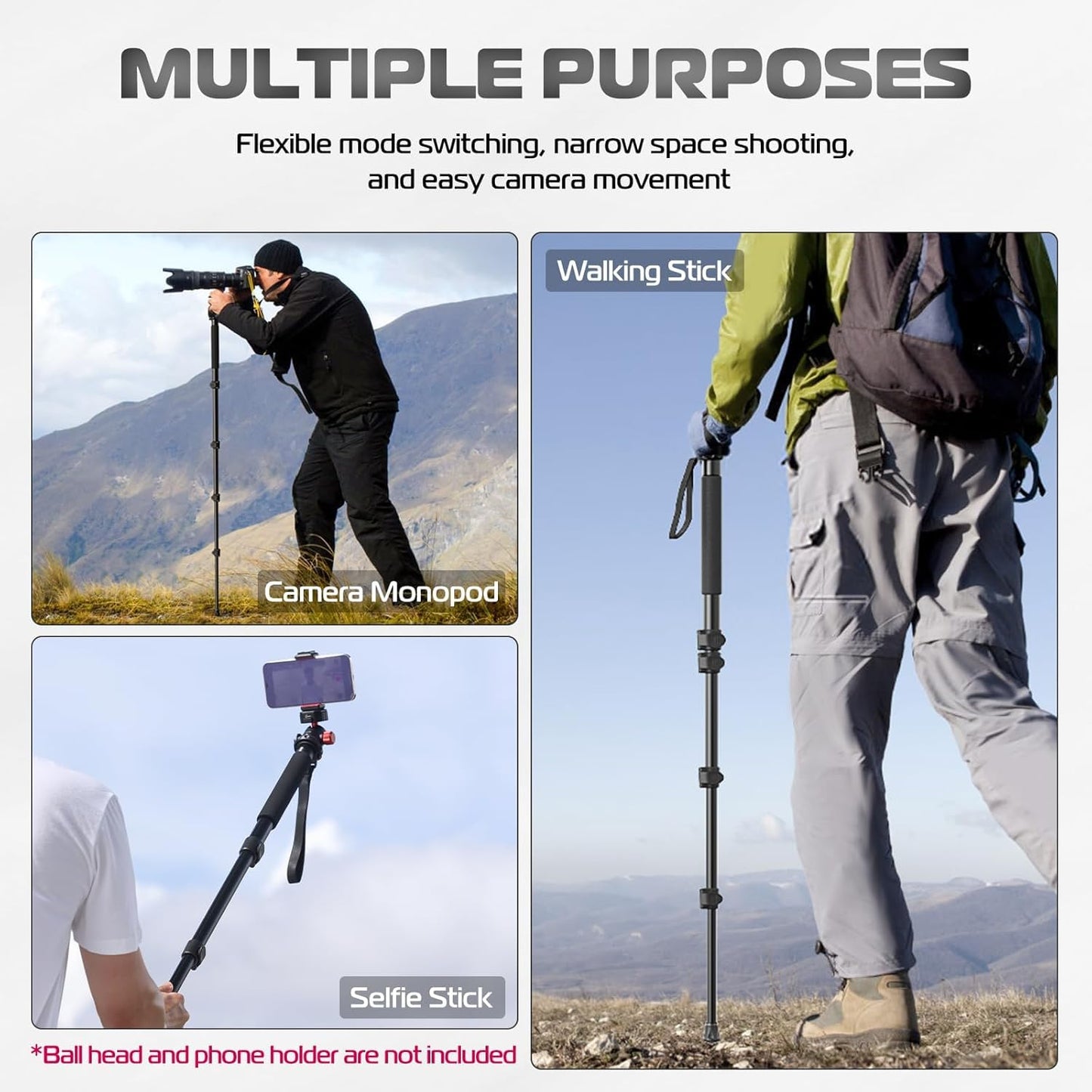 Acuvar Monopod with Integrated Safety Strap and 4 Section Extending Pole for All Digital Cameras, DSLR, Mirrorless, Compact Cameras, Camcorders & Cell