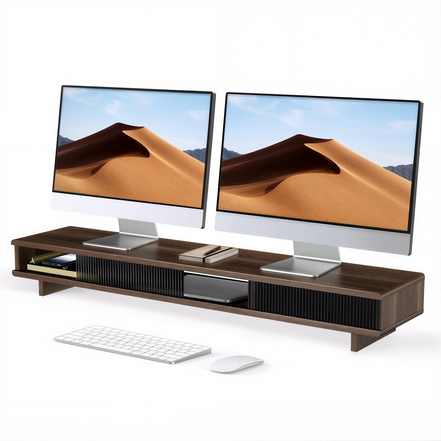 UniAbode Dual Monitor Riser with Sliding Doors & Storage - 42.5" Extra Wide Dual Monitor Stand for Desk Organizer,Desk Shelf for Office & Gaming