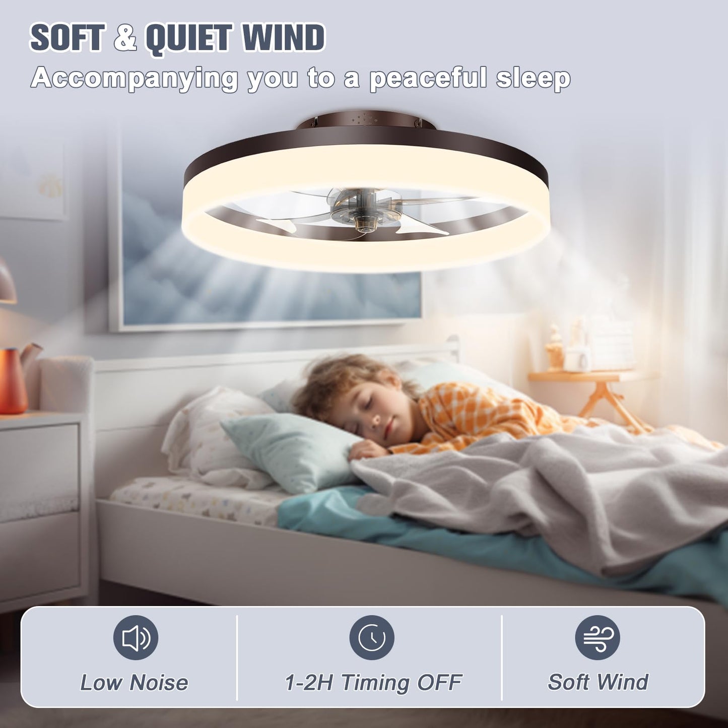 VOLISUN Low Profile Ceiling Fans with Lights and Remote, 19.7in Fandelier Ceiling Fan Flush Mount, 3000K-6500K Smart Bladeless LED Fan Light, Brown