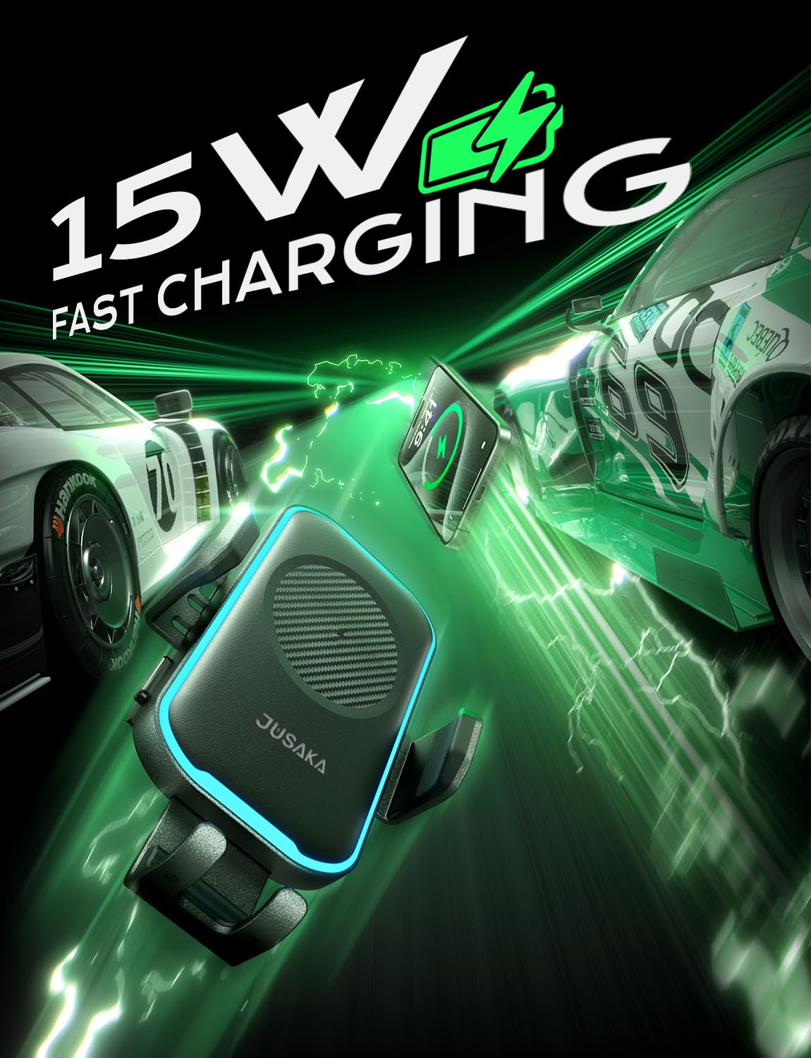JUSAKA Wireless Car Charger,15W Fast Charging Auto Clamping Phone Holders for Your Car Compatible with iPhone 16/15/14/13, for Samsung Galaxy S24