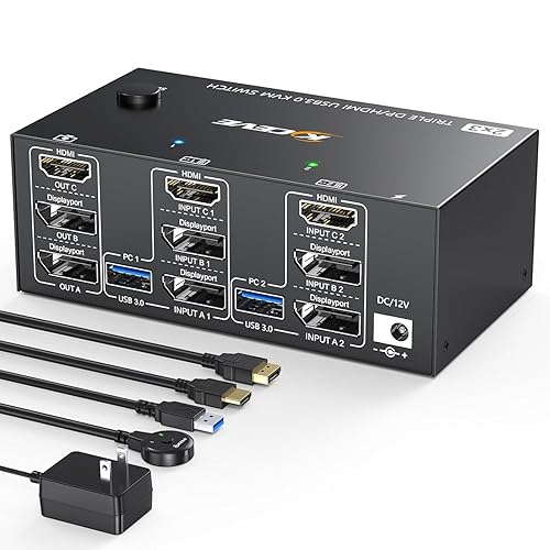 KVM Switch 3 Monitors 2 Computers, HDMI + DisplayPort KVM Switcher 8K@30Hz/4k@144Hz for 2 Computer Share 3 Display and 4 USB 3.0 Devices