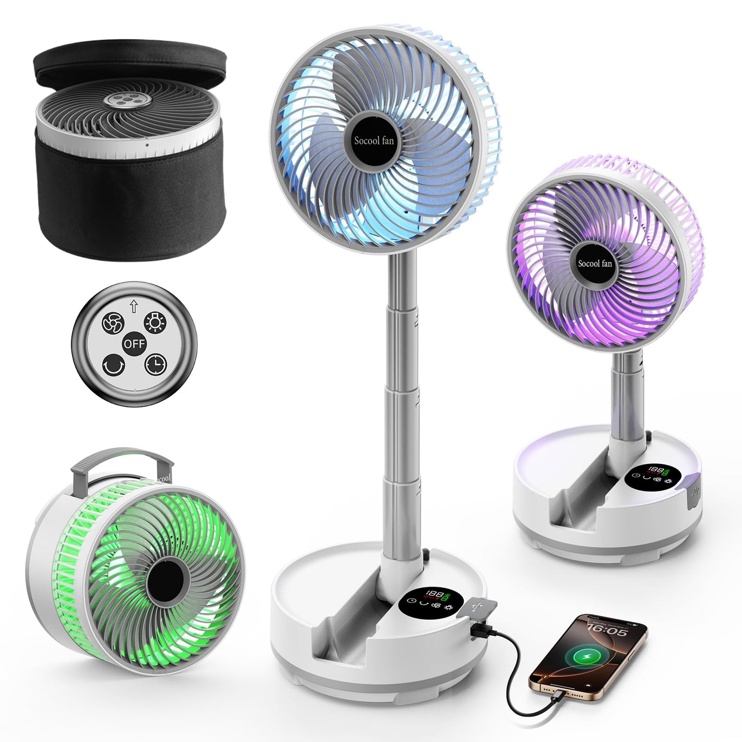 Socool 20000mAh Portable Fan Foldable Wireless Battery Rechargeable with 8-Speed & 112H, 90° Osciliating Floor Standing Fan Remote, Desk Fan with 8H