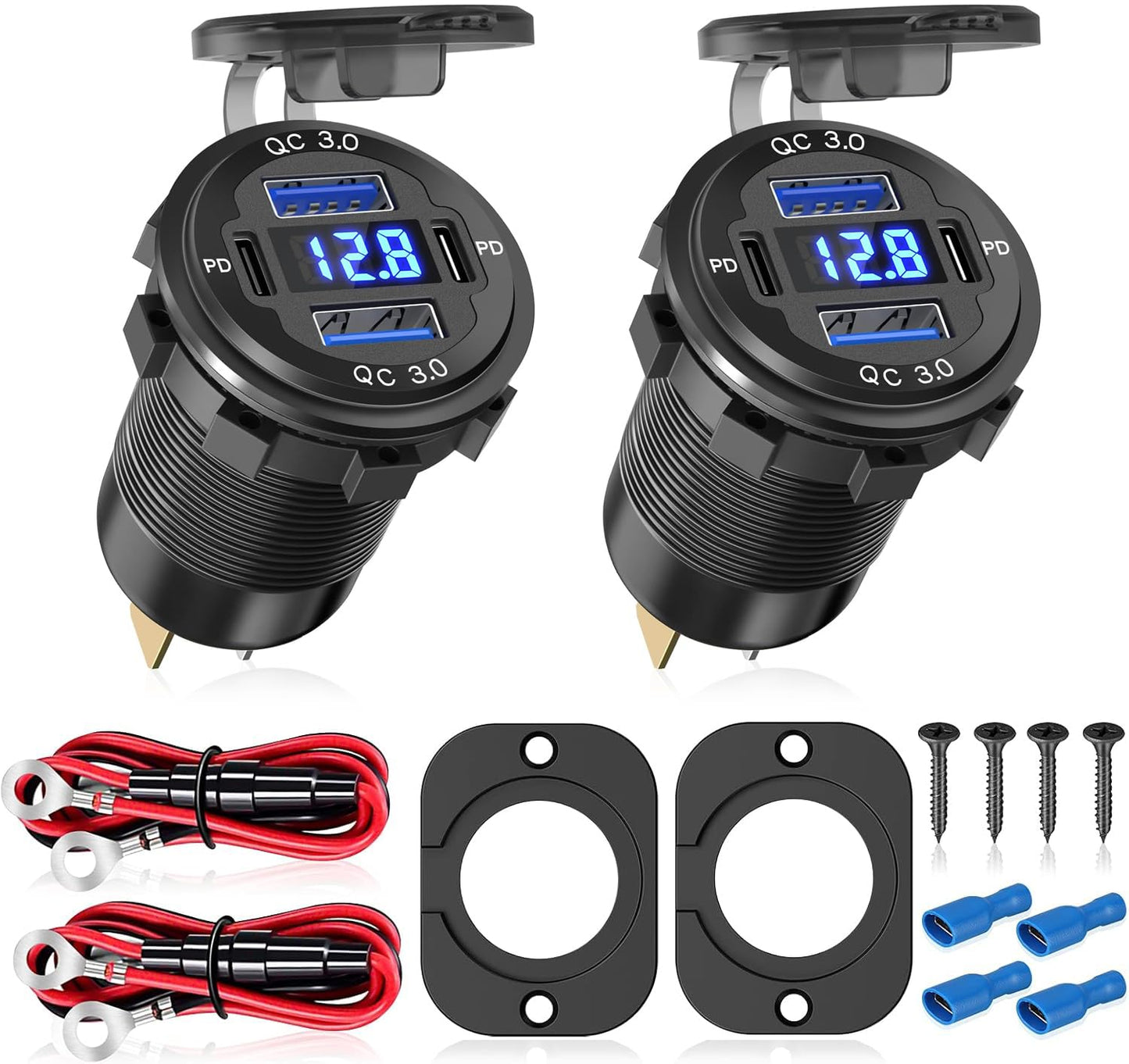 2Pcs 12V/24V Outlet with Voltmeter, Quick Charge 3.0 Dual USB Power Outlet, Waterproof Fast Charge USB Charger Socket DIY Kit for Car Boat Marine (2