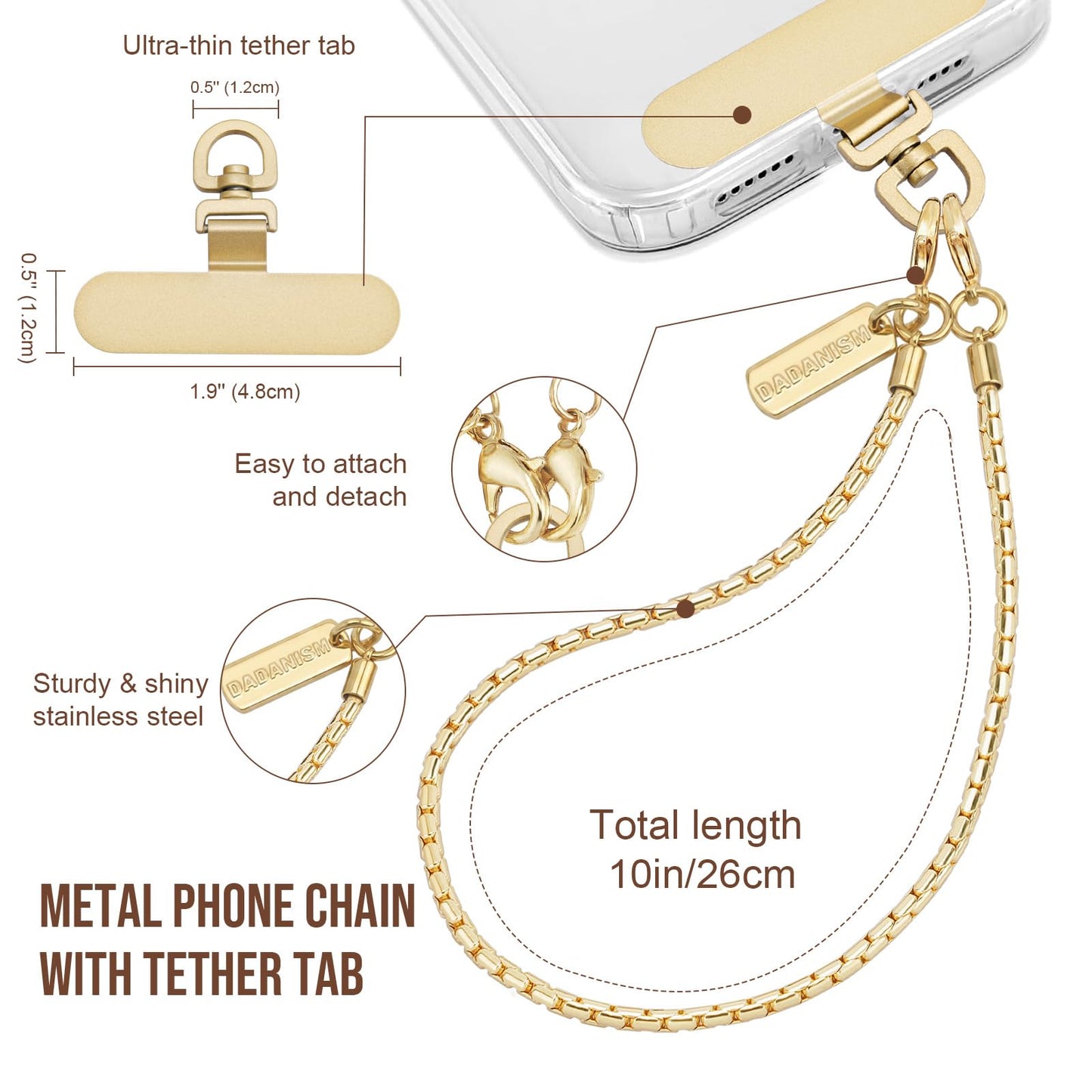 Dadanism Phone Wrist Strap Metal Phone Chain Wristlet Strap, Detachable Cellphone Lanyard Wrist with Tether Tab, Hands-Free Phone Charm for Women