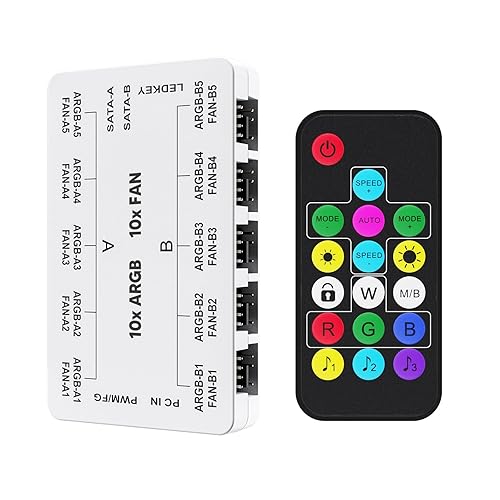 Vetroo ARGB & PWM Case Fan Hub with Remote, SATA Power 10-Port 4-Pin PWM Fan Speed and 10-Port 3-Pin ARGB Lighting Controller (White)