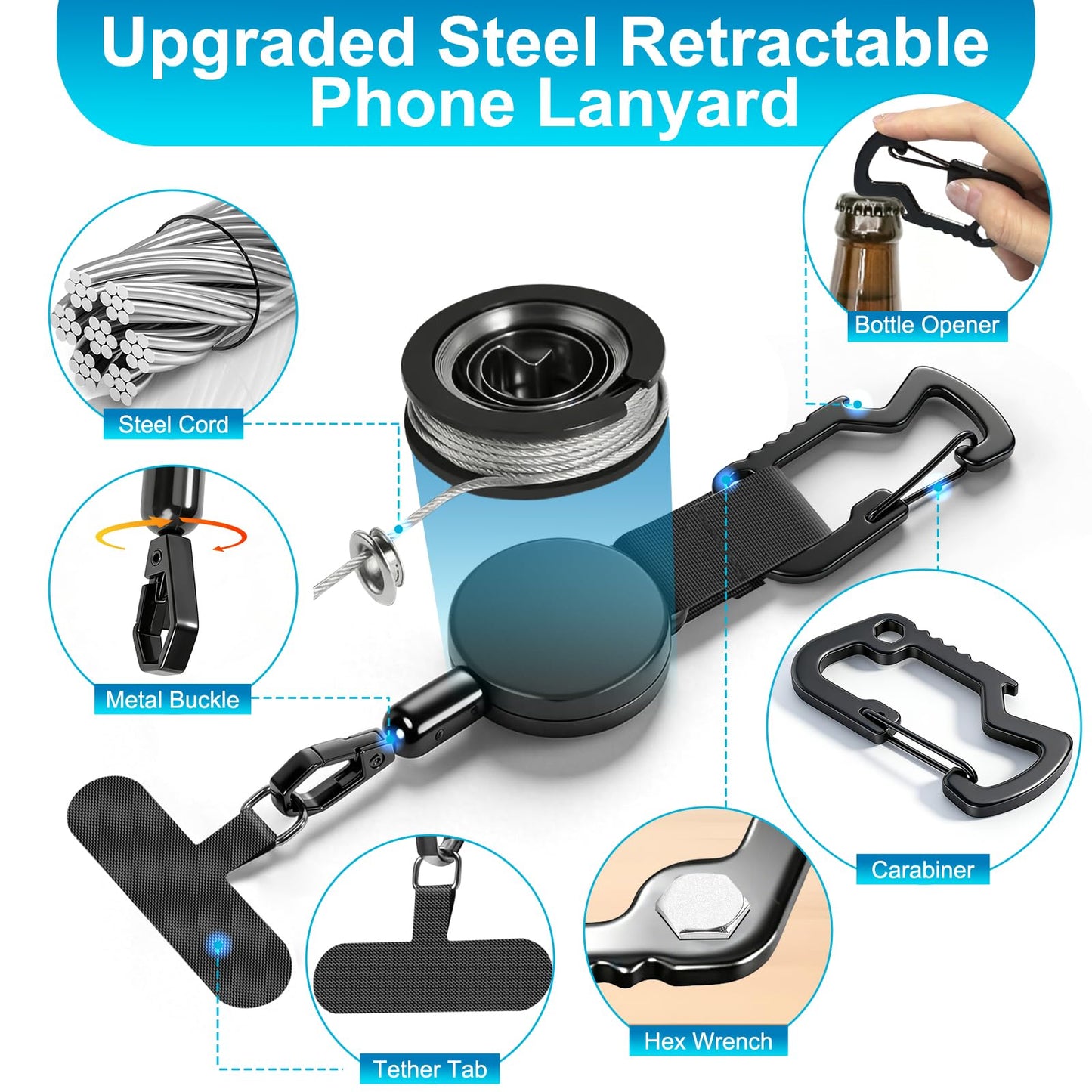 TRELC Anti-theft Phone Tether, Steel Retractable Phone Lanyard, Anti-drop & Anti Theft, Universal Anchor Fit iPhone, Cellphone Strap with Carabiner