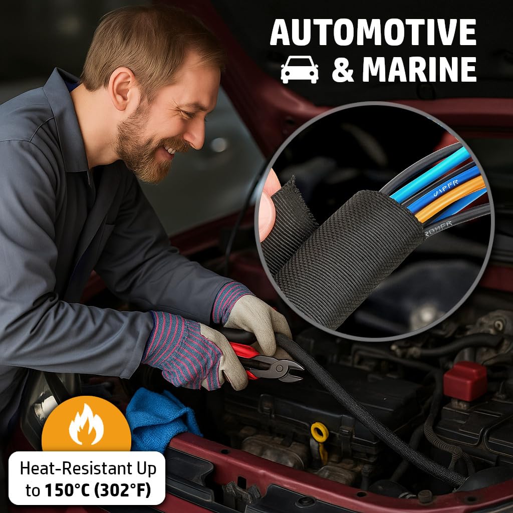 MGI SpeedWare Woven Mesh Split-Sleeve Wire Loom for High-Temperature Automotive Harness and Home Cable Management - 25 feet (1/2")