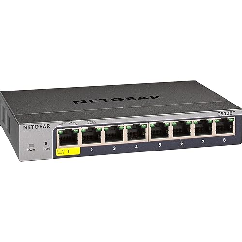 NETGEAR 8-Port Gigabit Ethernet Smart Switch (GS108T) - Managed, with 1 x PD , Optional Insight Cloud Management, Desktop or Wall Mount, Silent