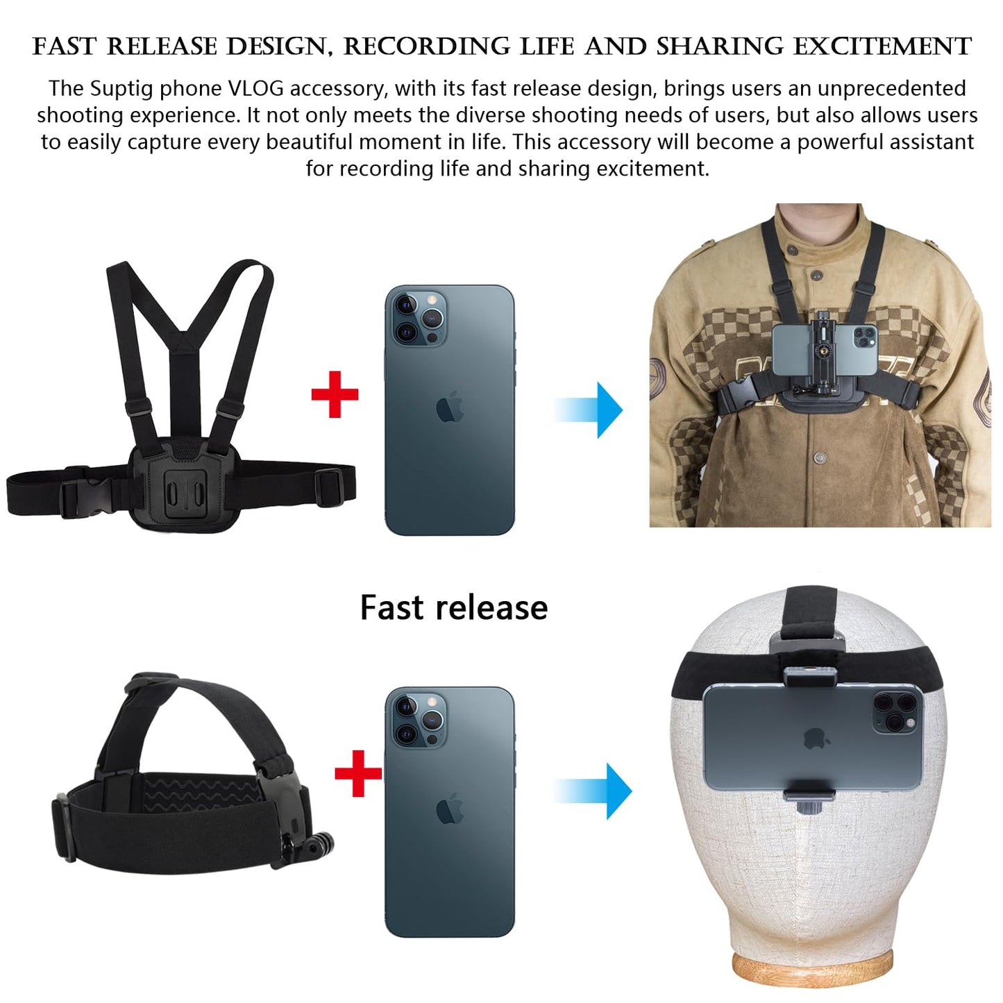 Suptig Phone Chest Mount, Phone Head Mount Compatbile for iPhone, Phone, GoPro Hero 13, Hero 12,11,10, 9, 8,7, 6, 5, 4, 3,2, 1,Gopro max2, AKASO, DJI