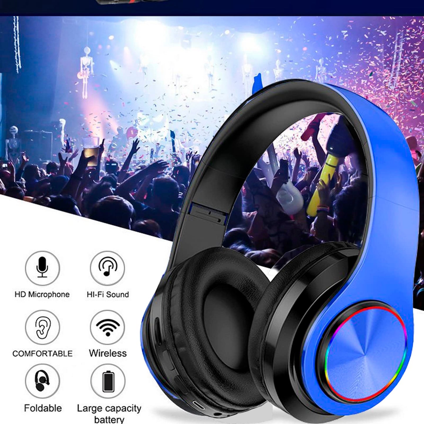 Kids Bluetooth Over Ear Headphones, Colorful LED Lights Headphones with Built-in Mic, Bluetooth 5.0, Wired and Wireless Foldable Stereo Headphones…