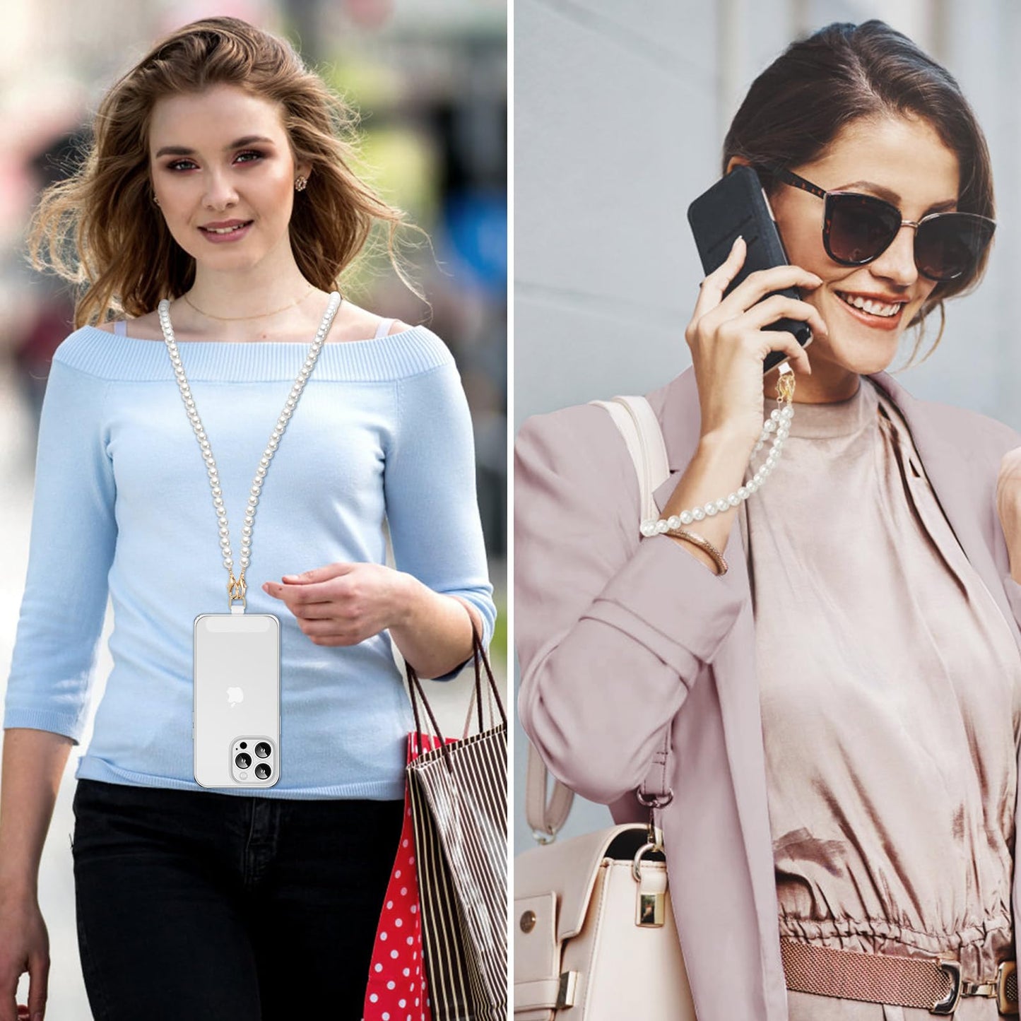 MoKo Pearl Phone Crossbody Chain Lanyard with Wrist Strap and 2 Patches