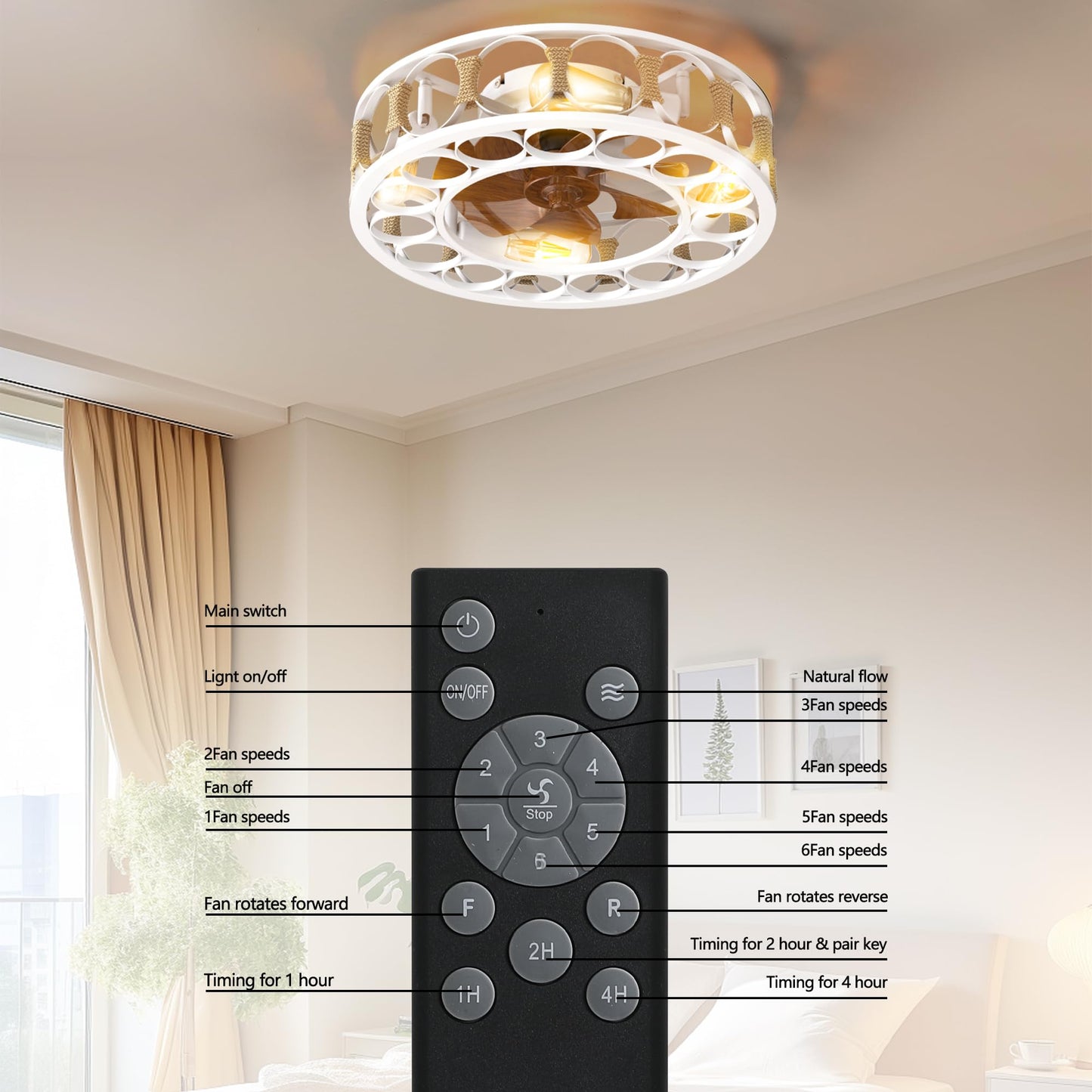 Kasiqilight 20" Caged Ceiling Fan with Light Flush Mount & Remote,White Wrought Iron Industrial, Silent Reversible Farmhouse Fans Ceiling with Light