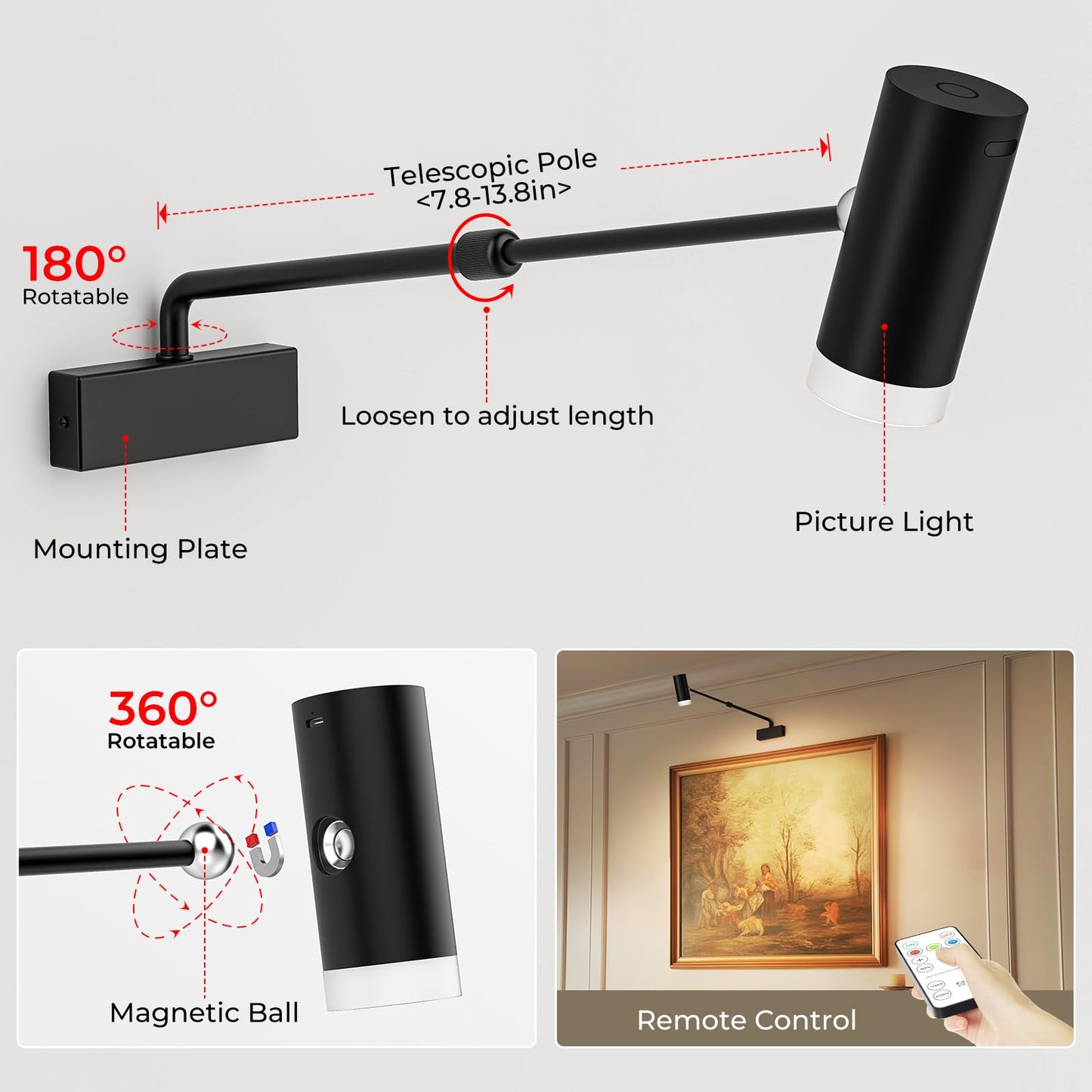 PESUTEN Battery Operated Picture Light, Adjustable Length Wireless Art Light for Paintings CCT Dimmable Rechargeable Picture Light with Remote Control