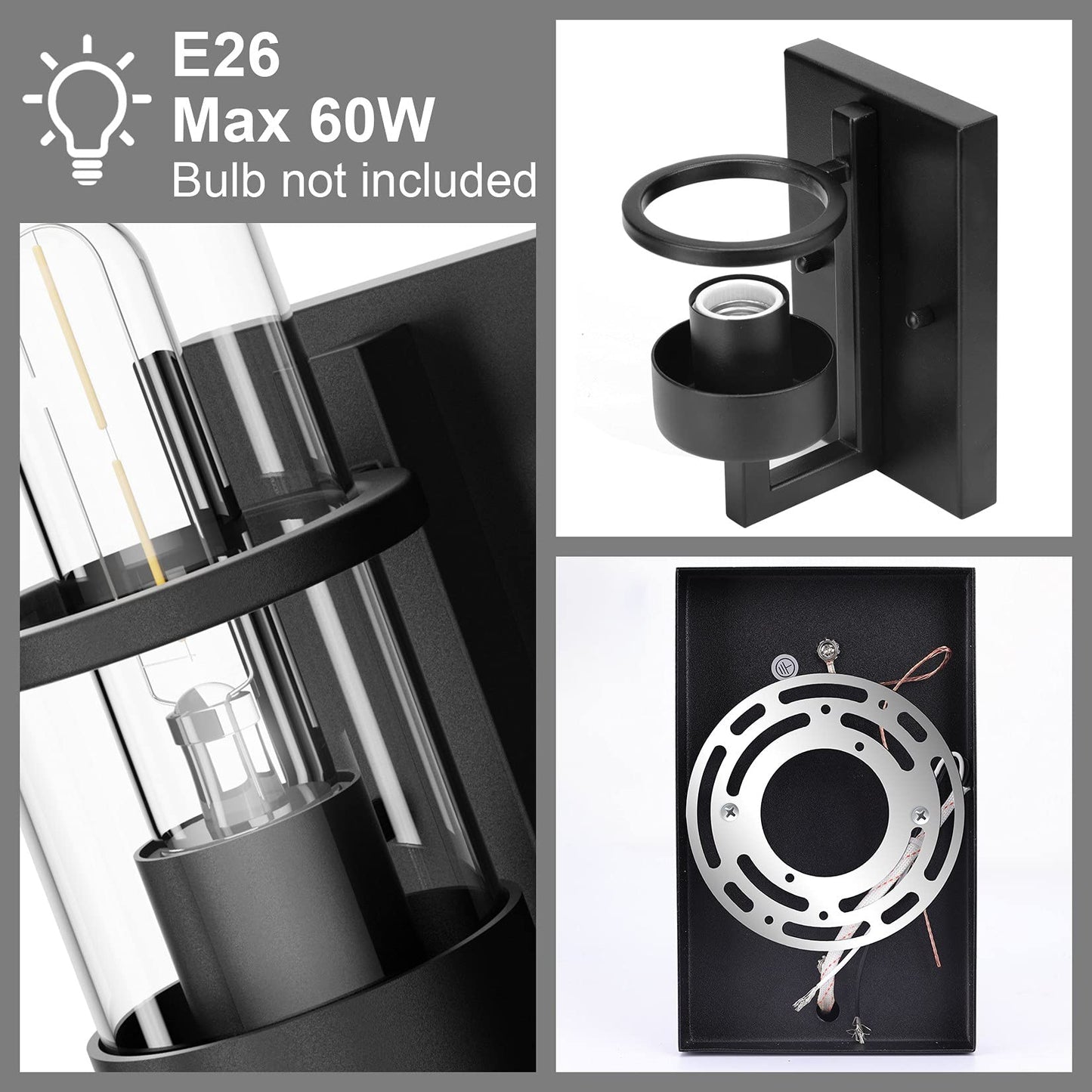 Tipace Black Wall Light Fixtures,Industrial Wall Sconces Clear Glass Wall Mount Sconce,Wall Lamp for Living Room Bedroom Hallway(Bulb not Include)