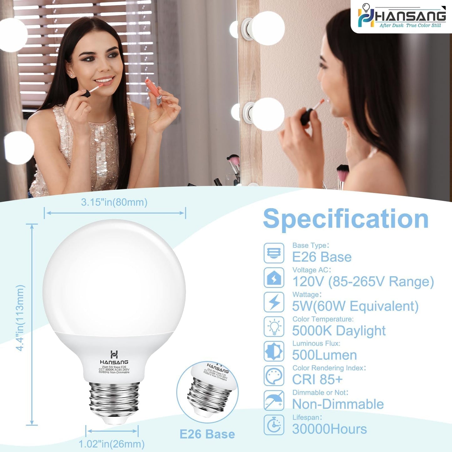 hansang G25 LED Globe Light Bulbs, Vanity Bulbs for Bathroom 60W Equivalent