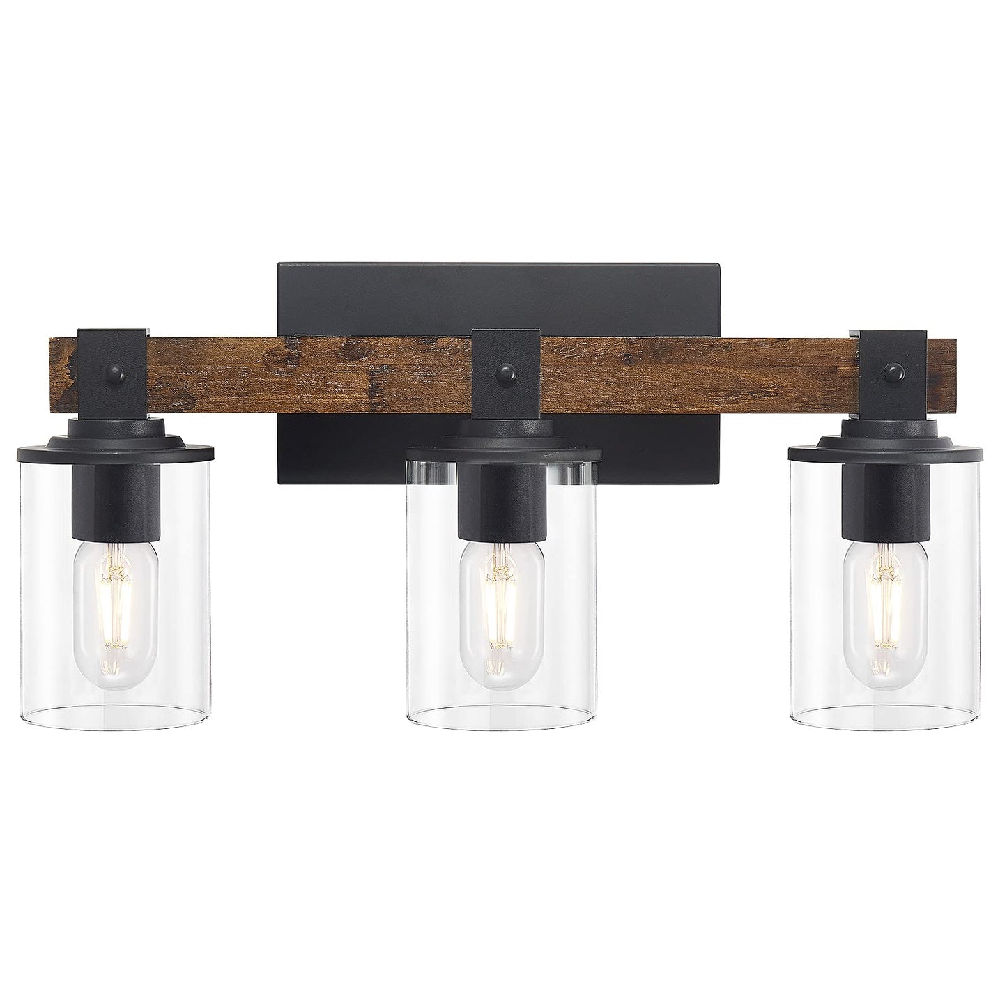 DUJAHMLAND Farmhouse Vanity Light Fixture,3-Light Bathroom Wood Wall Light Over Mirror with Clear Glass Shade, Rustic Vintage Wall Sconce