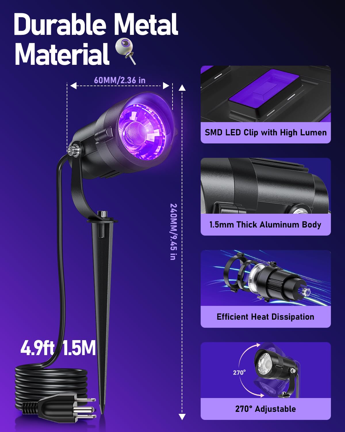 HIBOITEC Halloween Black Light Spotlight Outdoor 12W IP65 Waterproof LED Spot Lights Landscape Lighting with US Plug for Glow Party Body Paint Yard