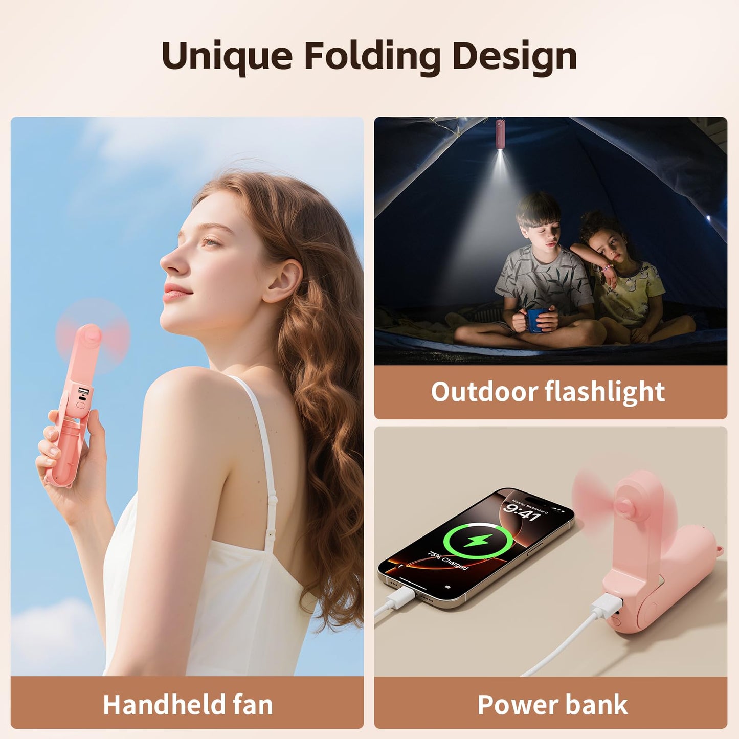 Portable Fan Mini Handheld Fan, Cute Pocket Personal Fan, USB Rechargeable Travel Fan with Power Bank & LED Flashlight, Foldable Small Cooling Fan