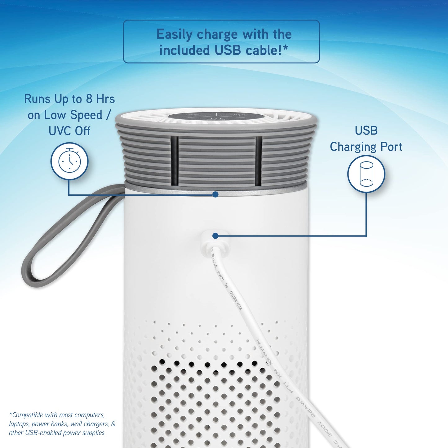 GermGuardian Portable Allergen Air Purifier for Small Spaces with USB Cable, Captures Dust, Pollens, Mold Spores, UV-C Light Helps Reduce Germs, 7”