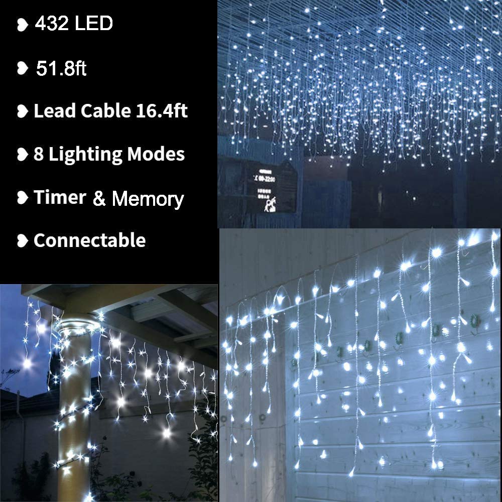 LYHOPE Icicle Christmas Lights, 432 LED 35.4ft 8 Modes Icicle String Lights with 72 Drops, Window Curtain Fairy Lights for Xmas, Eaves, Wedding