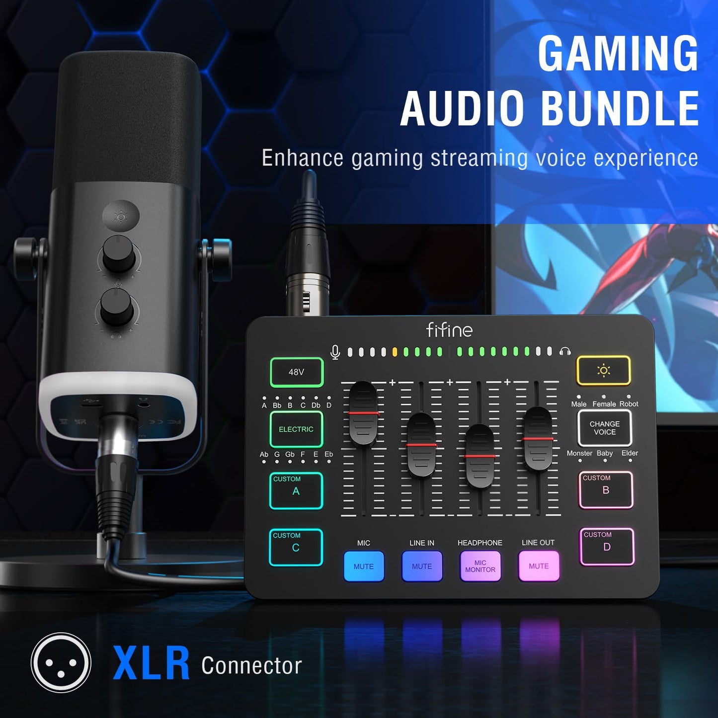 FIFINE Gaming Equipment Bundle, Dynamic XLR/USB Gaming Microphone Set with Streaming Audio Mixer for Podcast Recording Video Vocal, RGB Gamer Set with