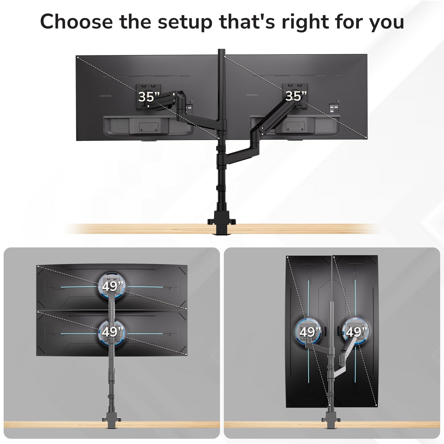 Mount-It! Dual Ultrawide Monitor Desk Mount for 17-49” Screens, Height-Adjustable Stacking Arms with Pole, Heavy Duty Gas Spring, Full Motion, VESA