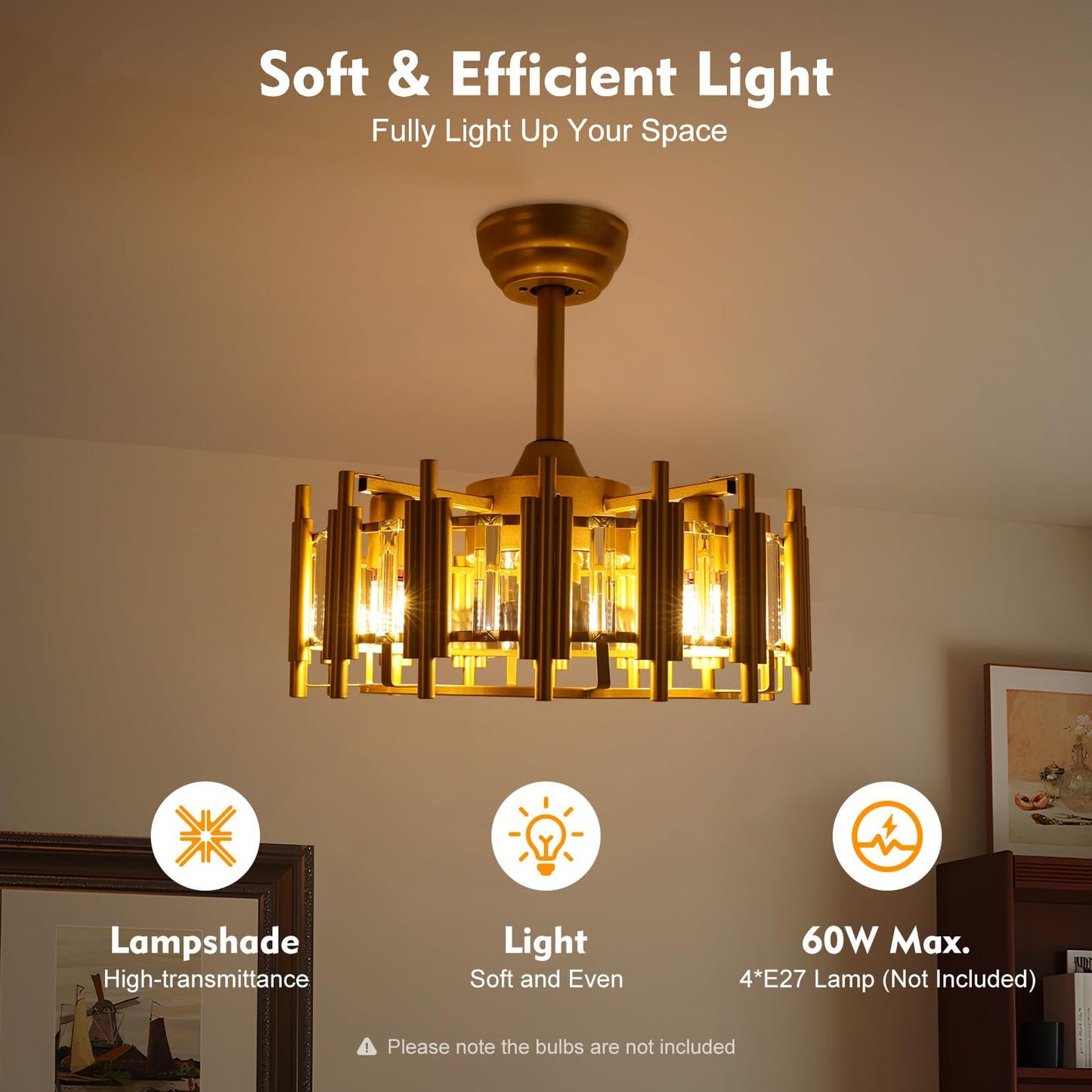 YINZINR Gold Caged Ceiling Fan with Light, 20" Modern 3 Speeds Remote Control Round Timing LED Chandelier, Flush Mount Fan Chandelier, for Living Room