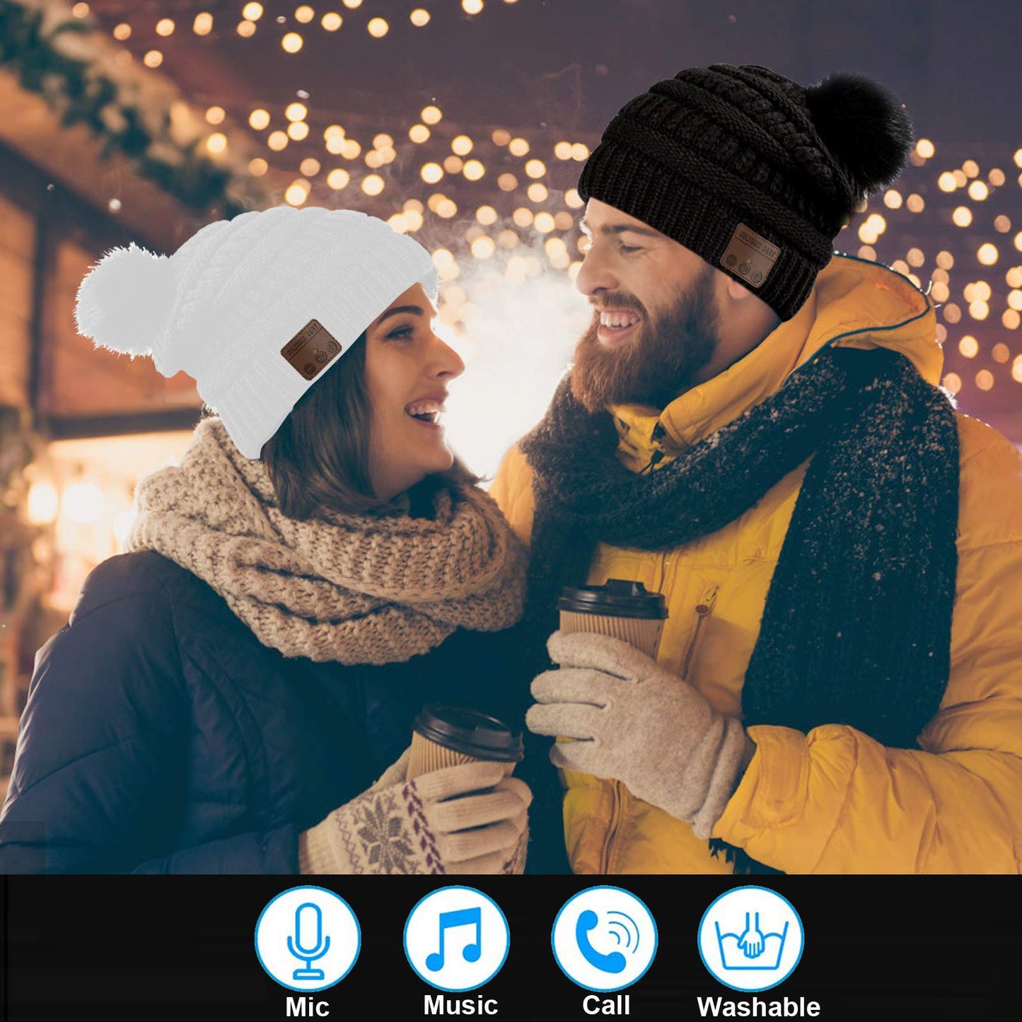 FashionLive Wireless Music Beanie Women Beanie Girls Hat Over Ear Headset Sports Stereo Headphone with Microphone Speaker Womens Beanie Cap Snow White