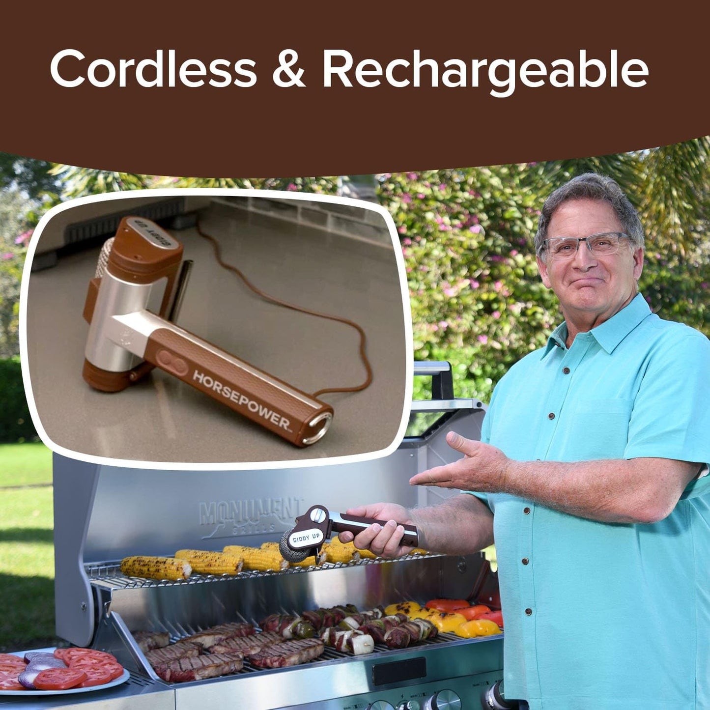 HorsePower Giddy Up Grill Cleaner – Cordless Rechargeable BBQ Tool with 350 RPM Stainless Roller & LED Light, As-Seen-On-TV