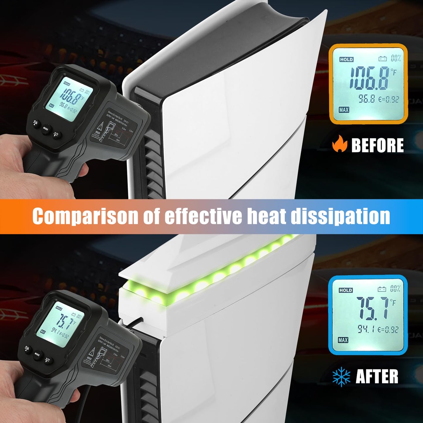 Raryars Console Cooling Fan for PS5 Slim with Dust Cover Colorful LED Light for PS5 Slim Console Disc Edition & Digital Edition Silent Absorb Fan