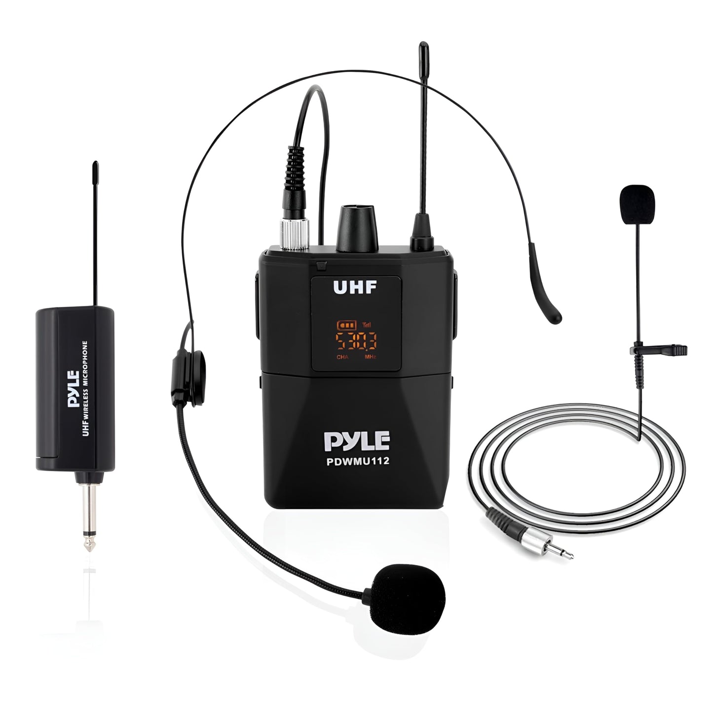 Pyle UHF Wireless Microphone System Kit - Portable Professional Cordless Microphone Set with Headset, Lavalier, Beltpack Transmitter, Receiver