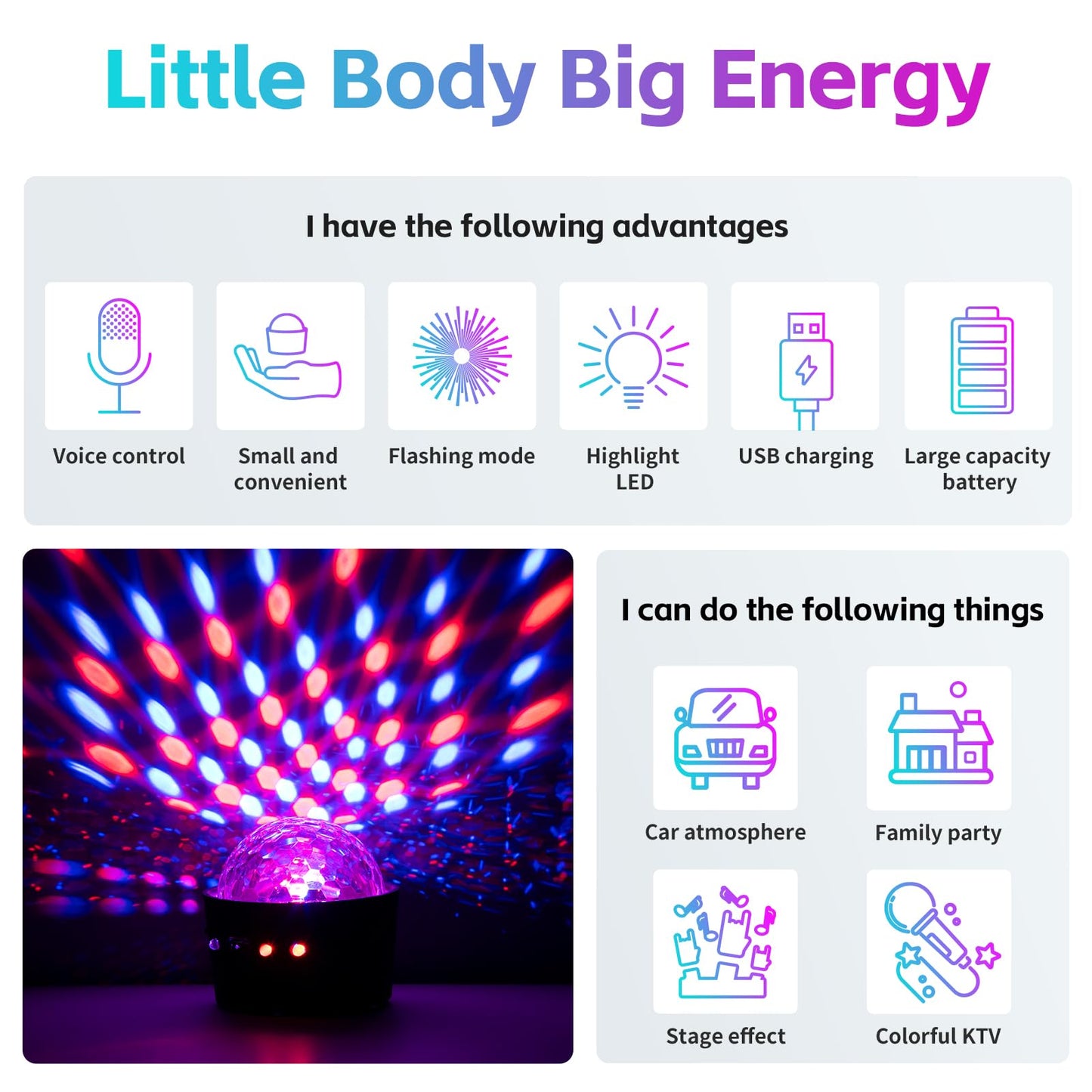 Disco Ball for Car Disco Lights with Sound Activated Multicolor Lights Mini Disco Ball DJ Disco Lights for Car Room Music Lights (Music