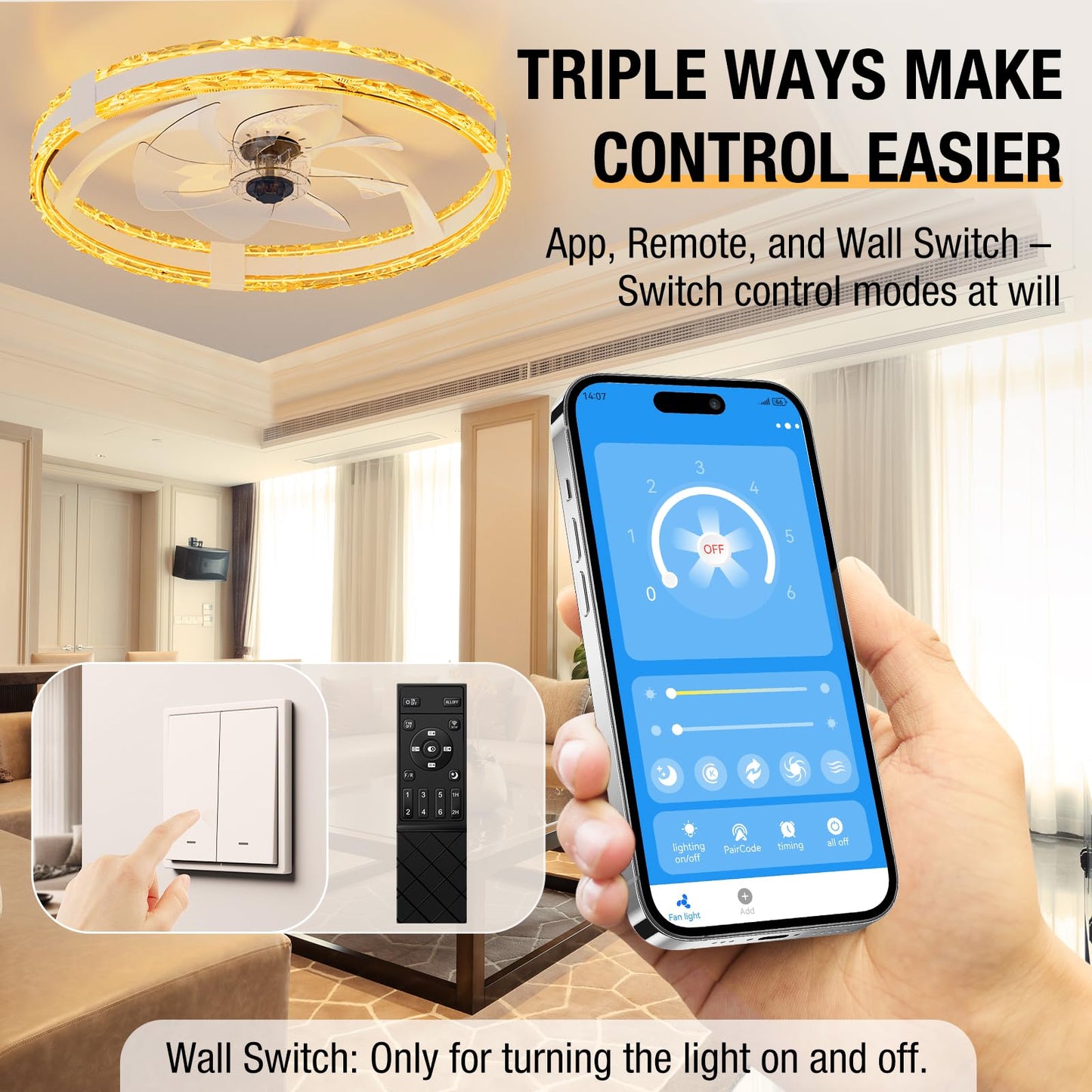 POGGT Ceiling Fans with Lights and Remote, 20'' Low Profile Flush Mount Ceiling Fan with 6 Speeds & 3 Color Temperature, 3000-6500K Dimmable Led