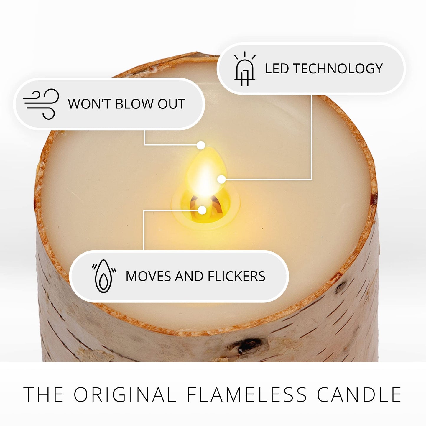 Luminara Real Birch Bark Wrapped Flameless LED Candle, 4" x 5.3", Battery Operated Moving Flame Pillar Light with Timer - Natural Decor Unscented