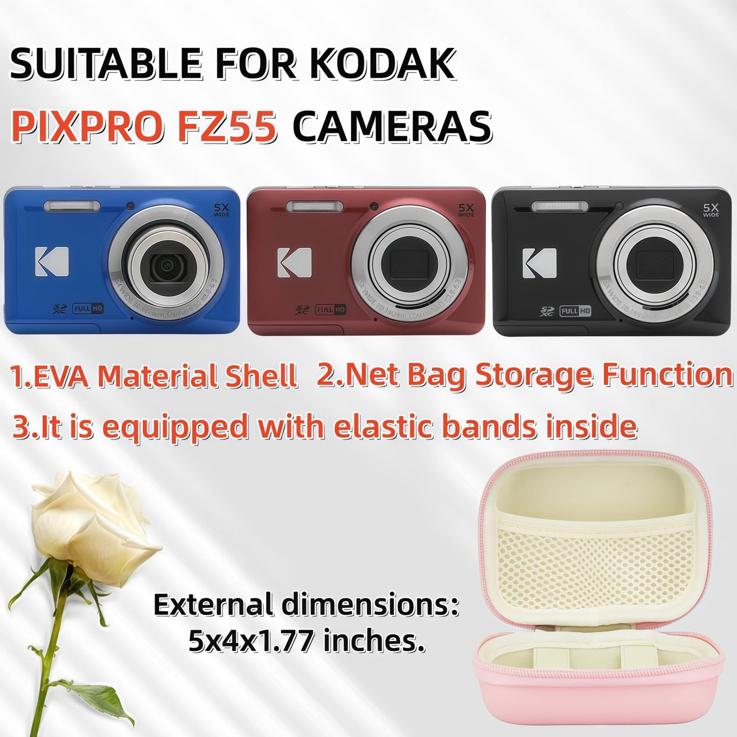 SZHSYJY Case for Kodak PIXPRO FZ55,FZ55 accessories, 1* Hard Carrying Case + 1* Soft Silicone Protective Cover with Removable Lens Cover,Comes with 2