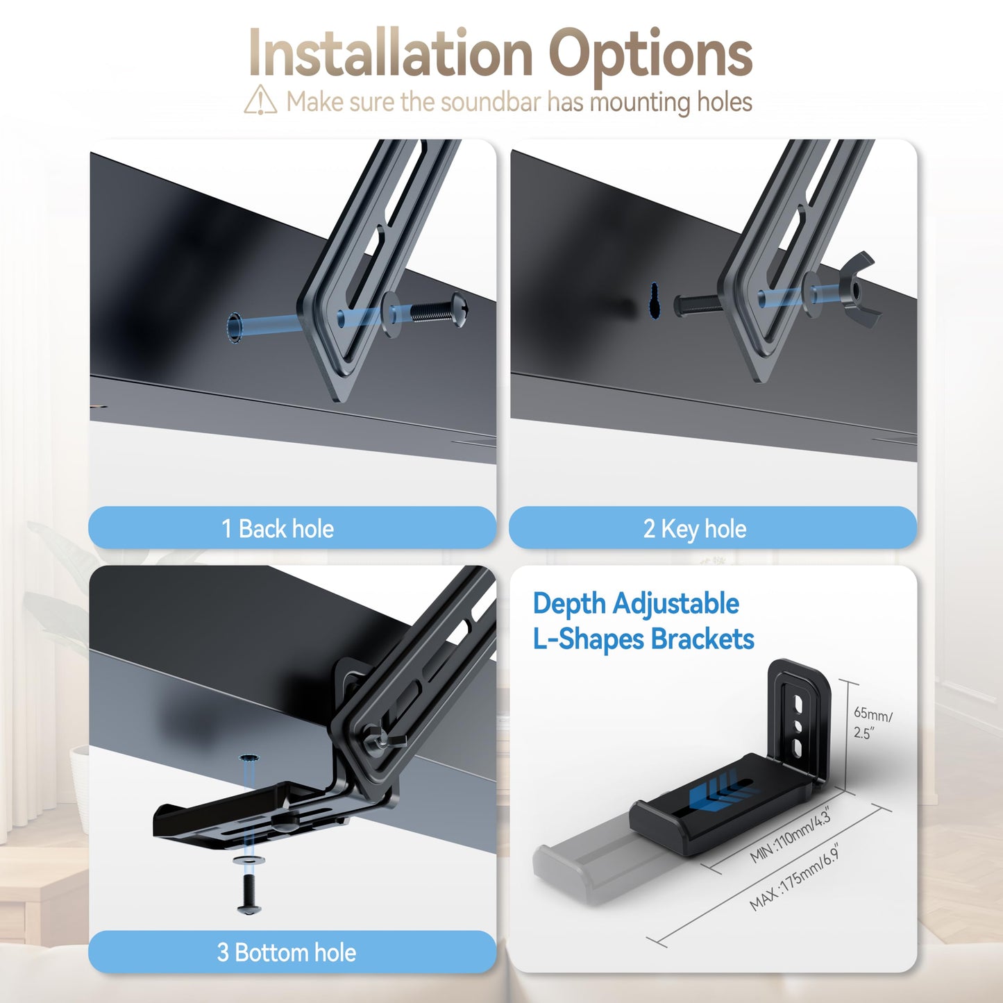 C YECEN Sound Bar Mounts Under TV or Above TV, Height & Depth Adjustable Soundbar Mount?with Detachable Extension Arms and L-Brackets
