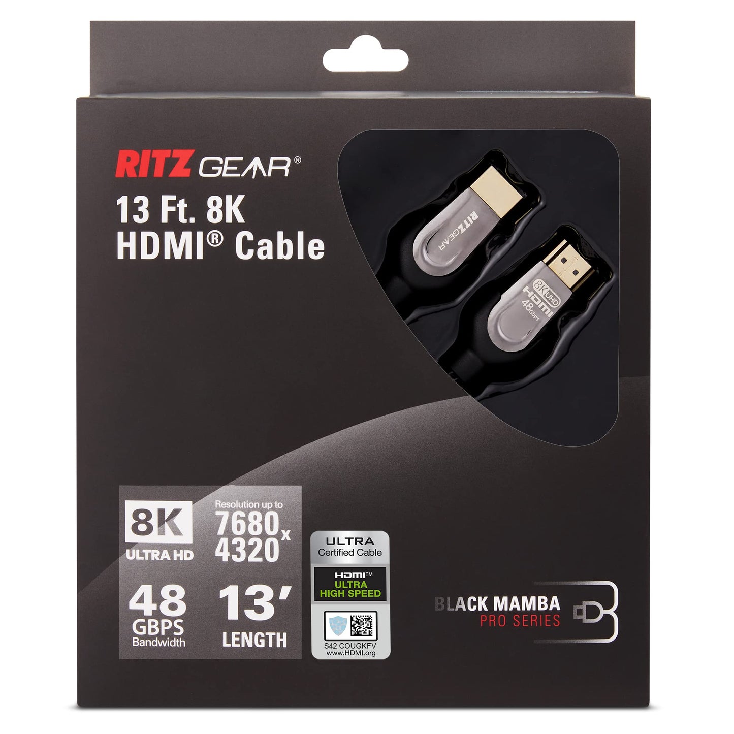 Ritz Gear 8K HDMI 2.1 Cable 13 ft. 48 Gbps Ultra High Speed Braided Nylon Cord & Gold Connectors - 10K/8K@60Hz UHD Video/4K@120Hz/4K@60Hz/2K/1080P.