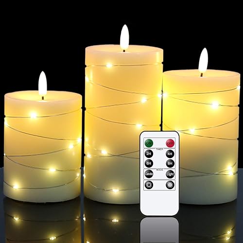 DRomance Flameless Flickering Candles String Light with Remote Timer Set of 3 Battery Operated LED Pillar Candles Real Wax 3D Wick Yellow Light