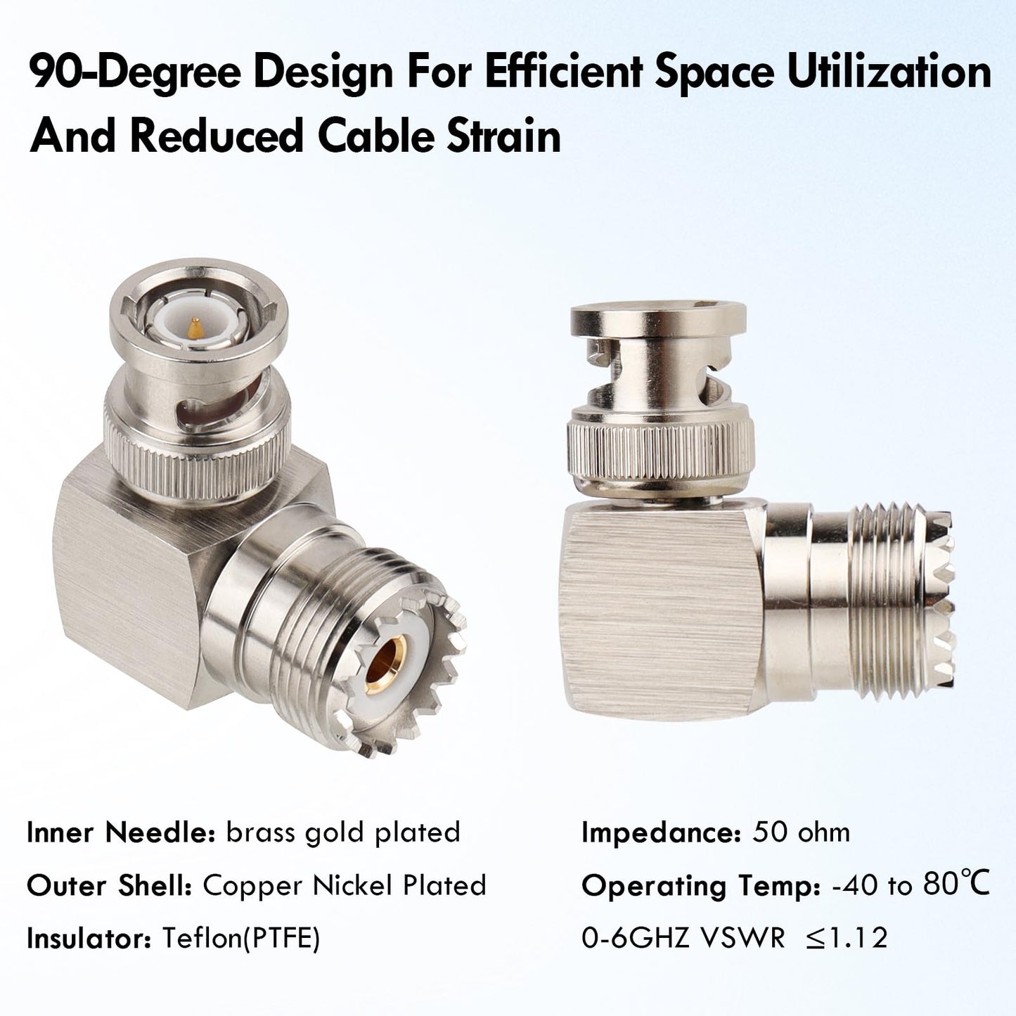 XRDS -RF UHF Female to BNC Male Adapter - 90 Degree BNC Male to SO-239 Female Connector for Ham Radio, CB Radio, and RF Applications (2 Pack)