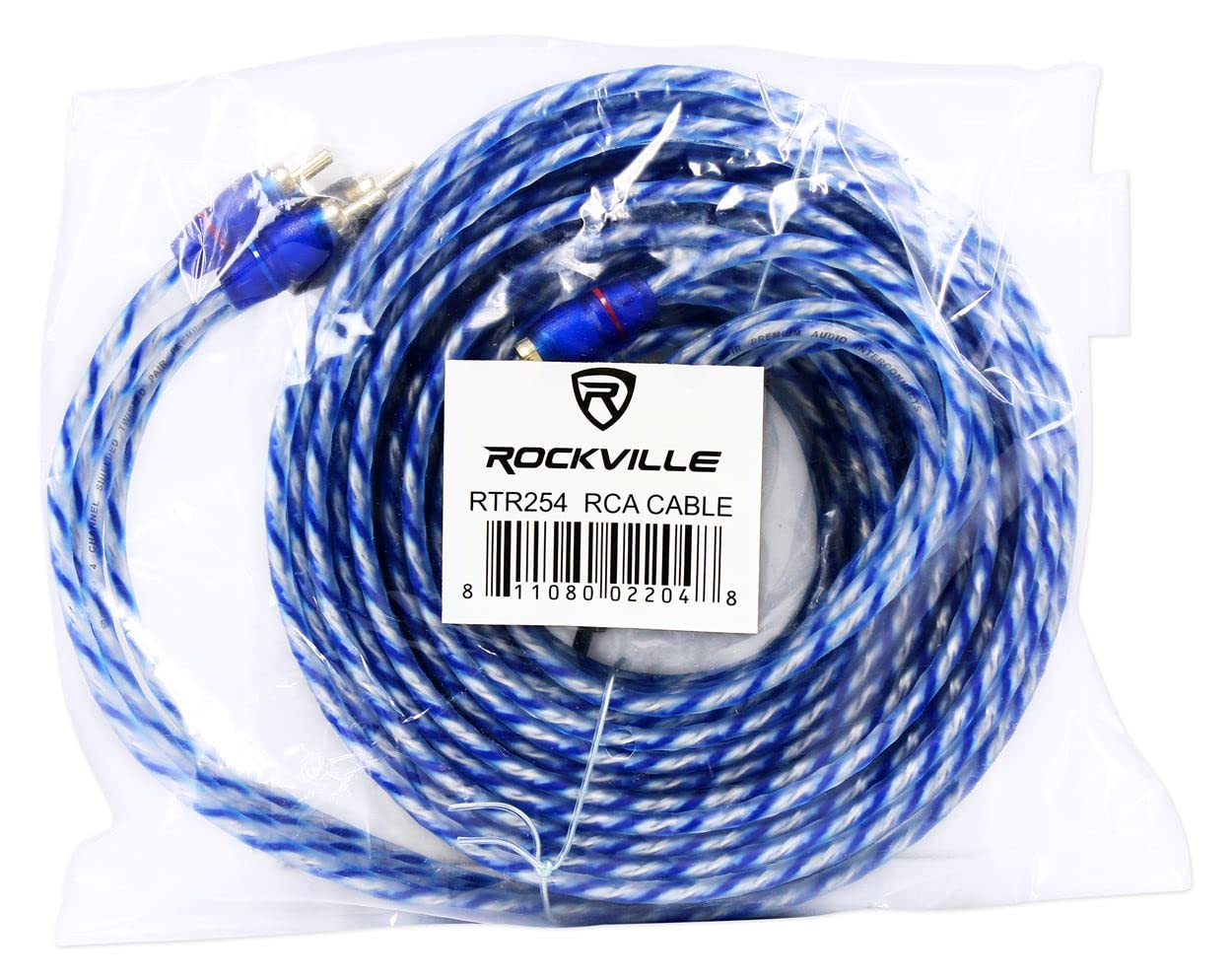 Rockville RTR254 25 Ft RCA Cables for 4-Channel Audio, Twisted Pair, 100% Copper, Split Pin, Noise-Free, Durable Build, for Car Audio and Home Theater