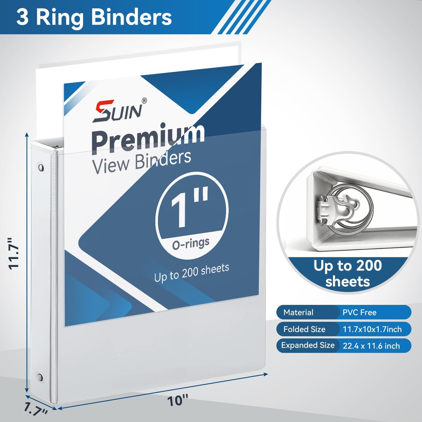 SUIN 1-inch 3 Ring Binder with 2 Pockets, Clear Customizable View Binders for US Letter Size 8.5'' x 11'', PVC Free, 1'' Binder for Office, Home,