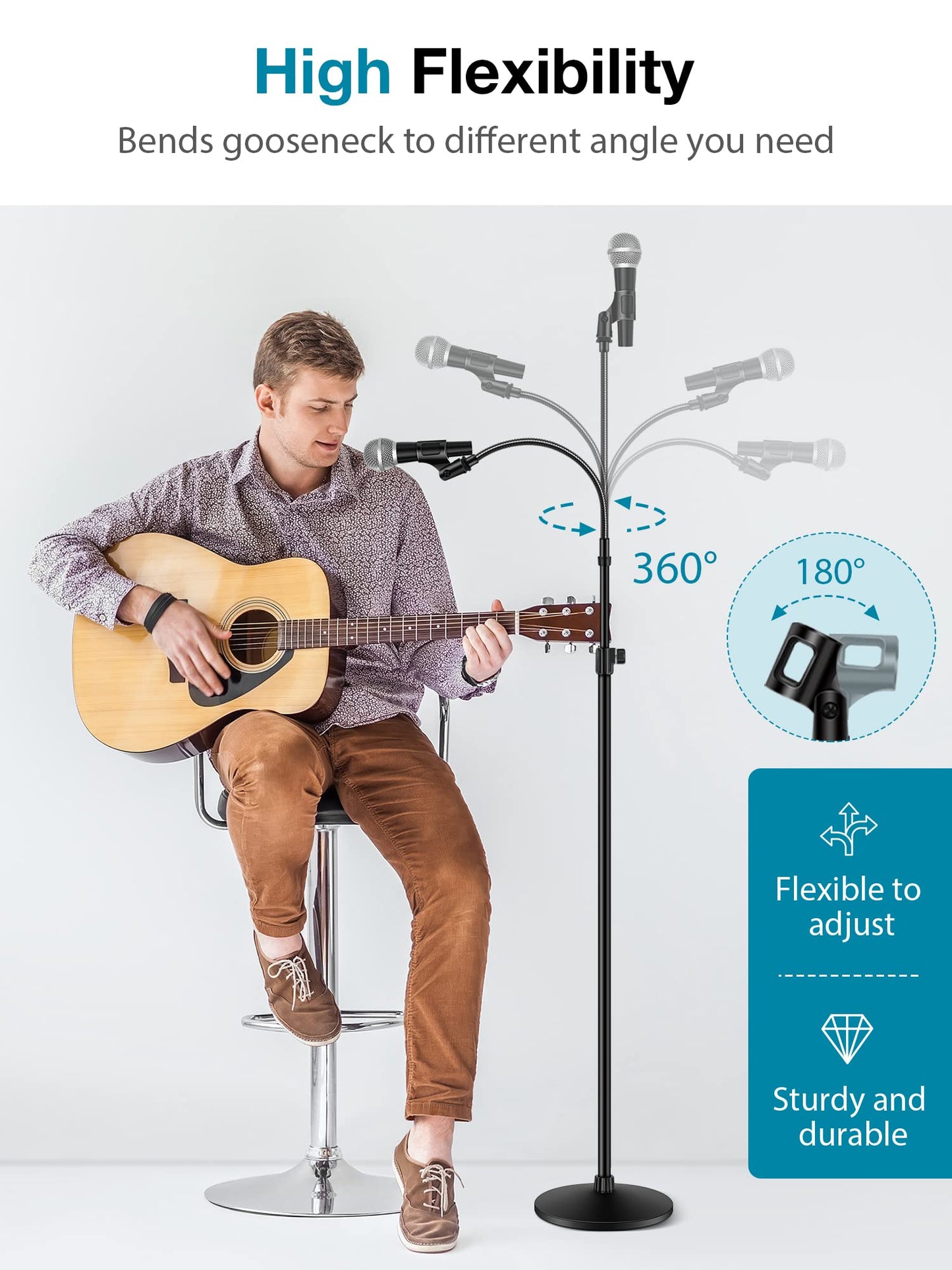 InnoGear Microphone Stand, Mic Stand Detachable Gooseneck Mic Floor Stand Height Adjustable from 32” to 70” with Weighted Round Base for Blue Yeti