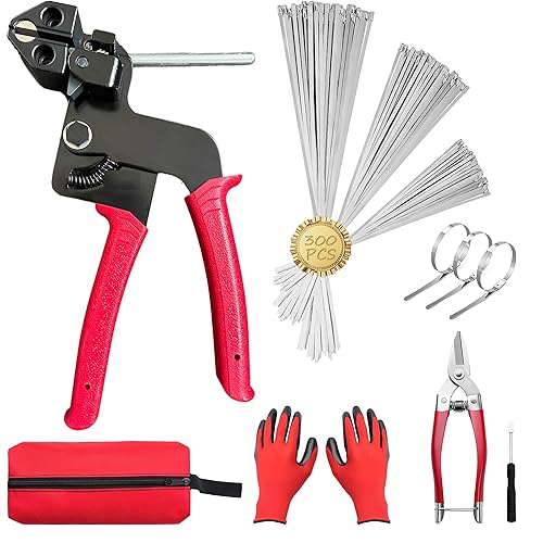 Stainless Steel Cable Ties Gun Set with 300PCS Self-Locking Metal Zip Ties (100 Each of 7.8", 9.8", 11.8"), Heavy Duty Fastening Cutting and Release