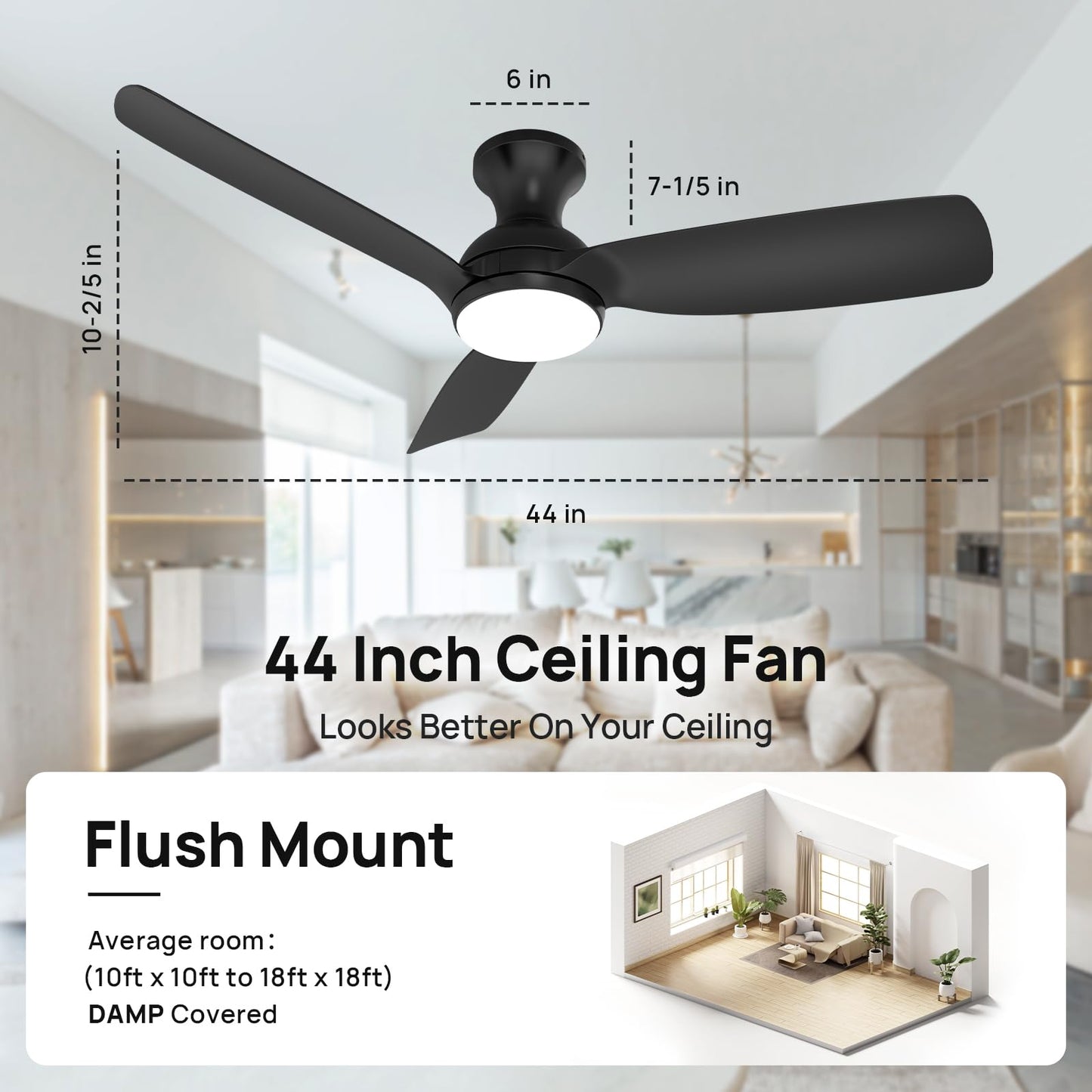 Consciot Ceiling Fan With Light, 44 Inch Low Profile Ceiling Fan with remote control, 6-speed choice, Reversible DC motor, 3CCT, Dimmable, Whisper