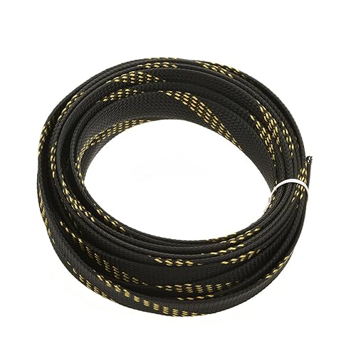 Othmro 5m/16.4ft PET Expandable Braid Cable Sleeving Flexible Wire Mesh Sleeve Black Gold,Non-Split for Power Cord Audio Video Cables Protecting from