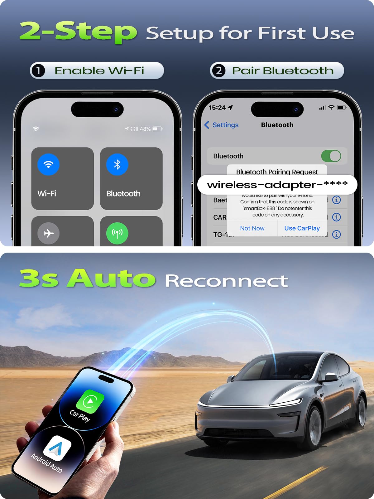 Mini Wireless CarPlay Adapter for Apple iPhone - Wired to Wireless Converter, 5GHz WiFi Zero-Lag Dongle, Stable Auto-Connect, Gold-Plated USB-A/C